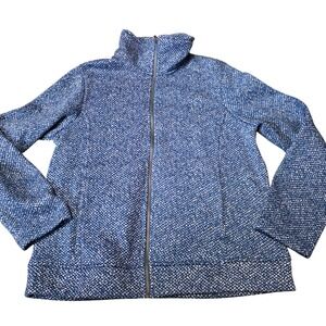 Lands End Womens Medium Blue White Textured Knit Full Zip Fleece Jacket Mock